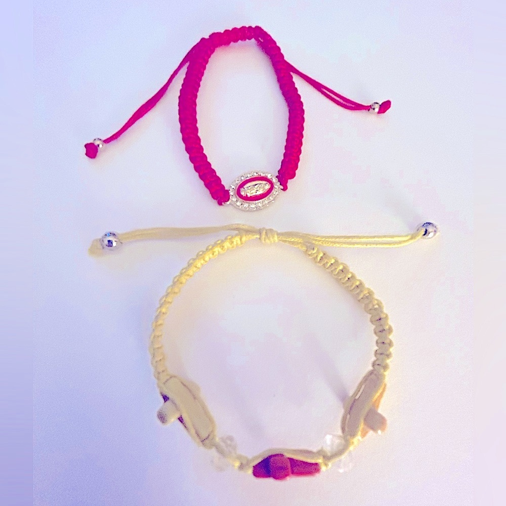 NWOT Set: bracelets red Stone Cross & red Mary rhinestone charm 2 Adj Cord